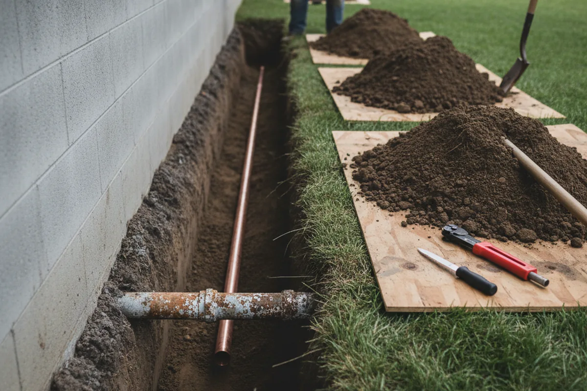 Excavated water line trench during Sewer Line Repair in Kenosha